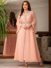 Arab Robe Fashion Middle East Muslim Kaftan Dubai Hot Fix Diamond Party Evening Dresses for Women Notched Stand Collar Pink Dress
